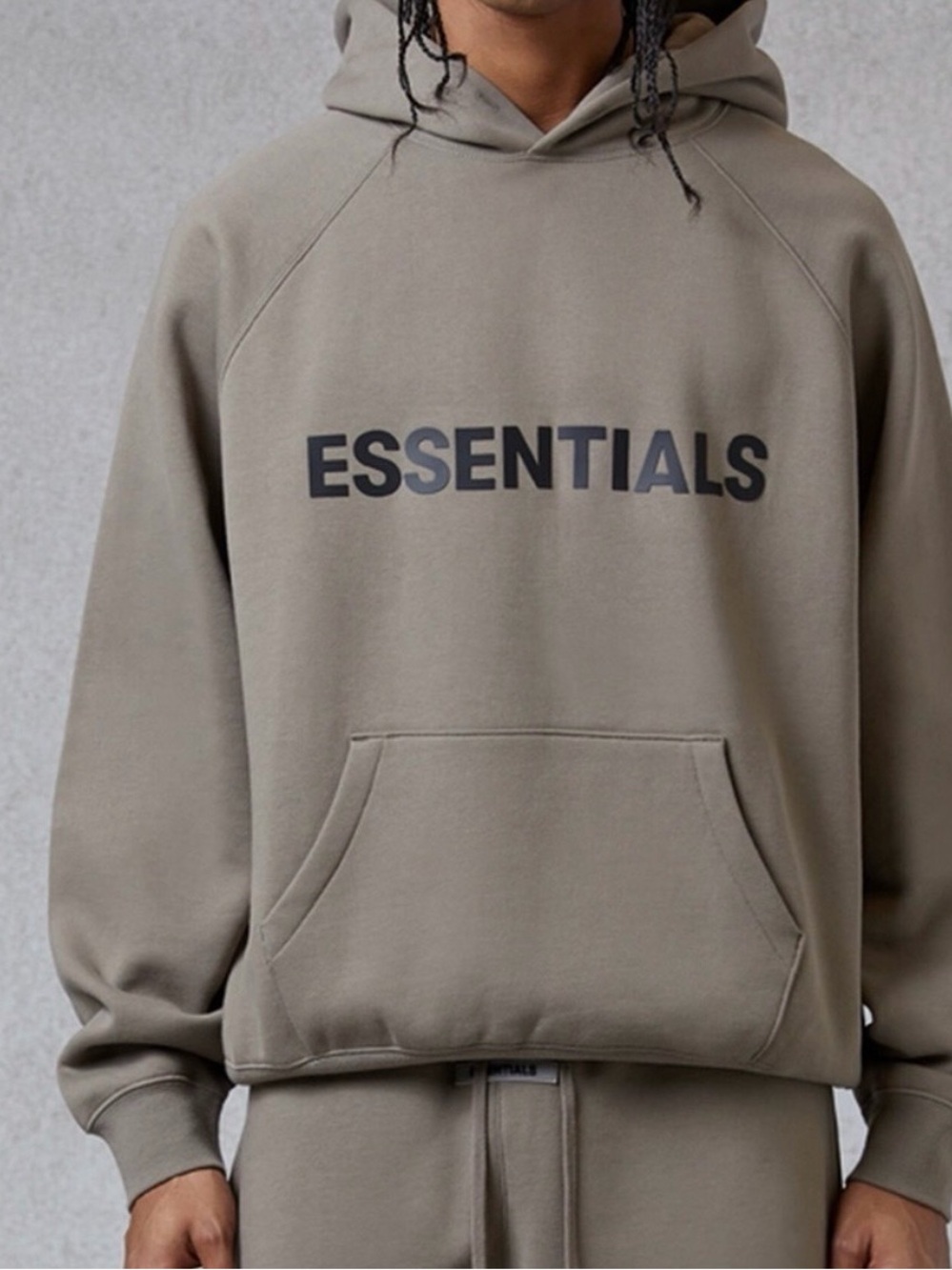 Fear of God Essentials Hoodie, Tan/Black Writing, Size Large